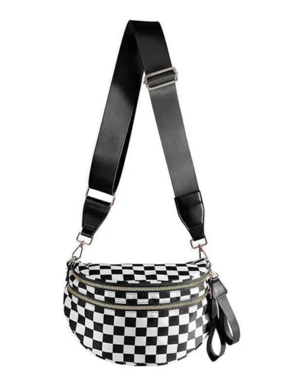 Black & White Check Crossbody or Sling Bag with Wide Strap
